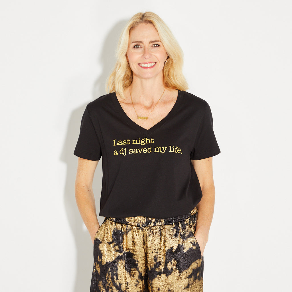 Last Night a DJ V Neck Tshirt Black & Gold