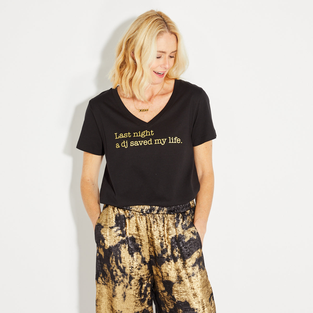 Last Night a DJ V Neck Tshirt Black & Gold - Disko Kids