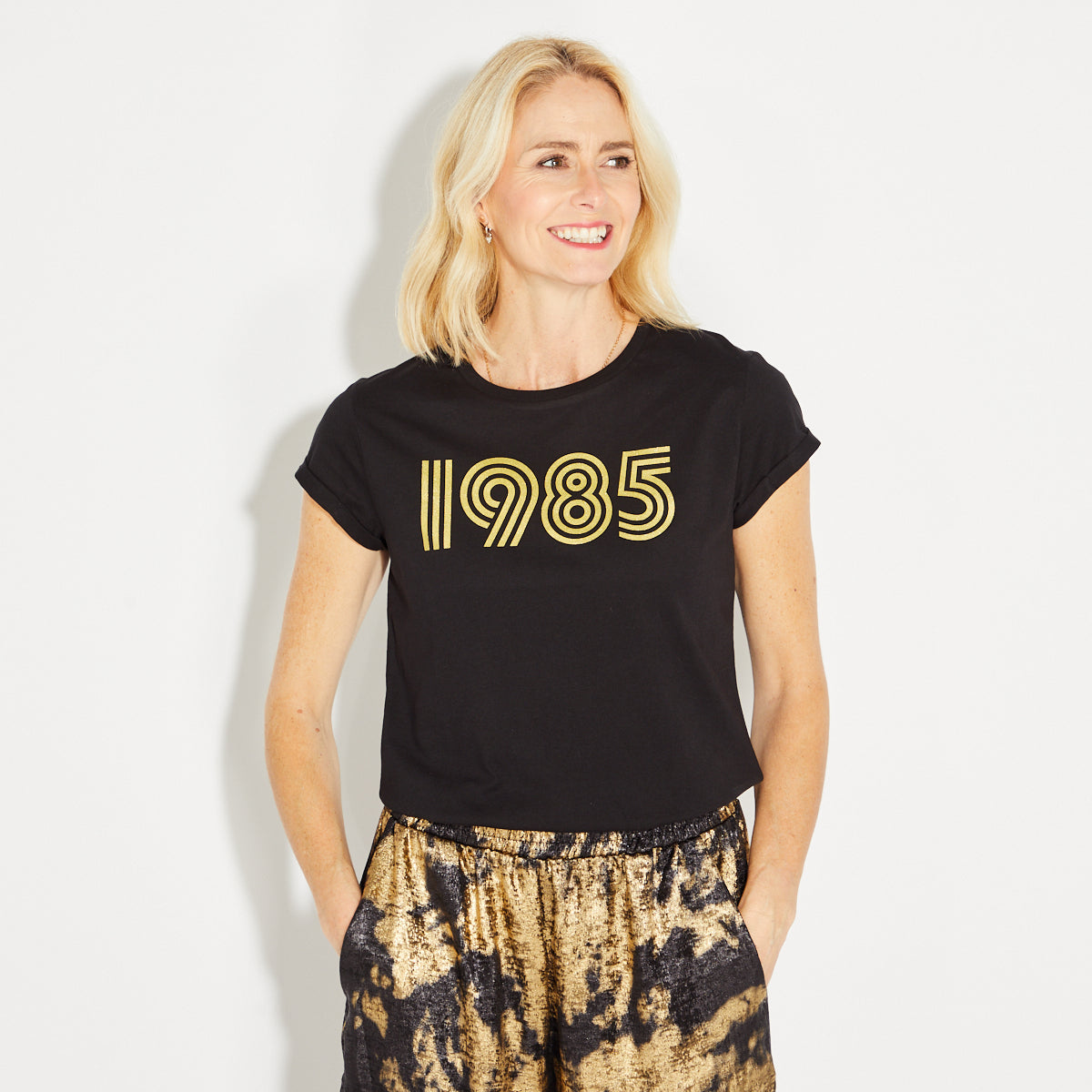 Womens 1985 black tshirt with gold print - Disko Kids