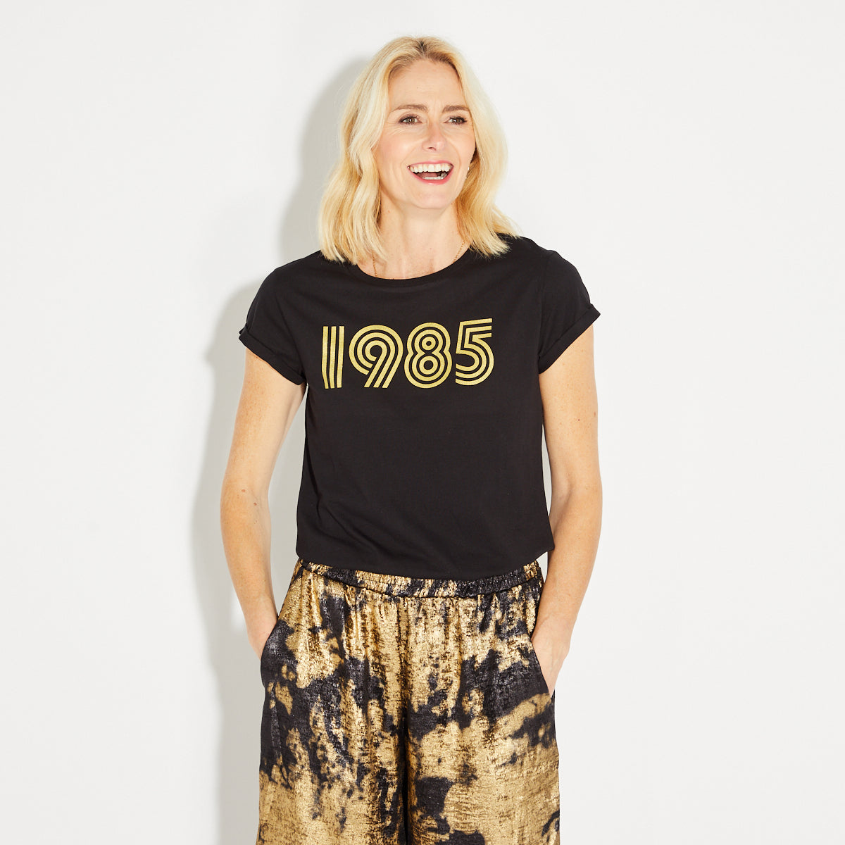 Womens 1985 black tshirt with gold print - Disko Kids