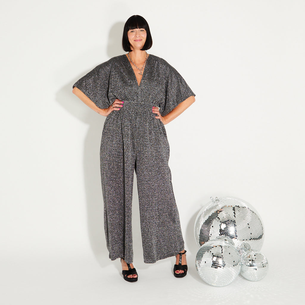 Disko Kids silver sparkly glitter wide leg v neck jumpsuit retro disco 