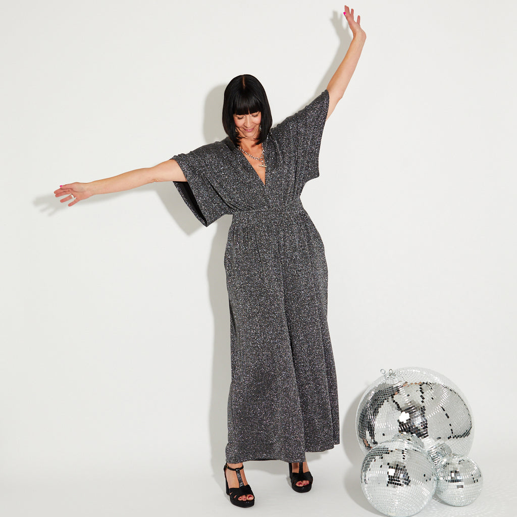 Disko Kids silver sparkly glitter wide leg v neck jumpsuit retro disco 