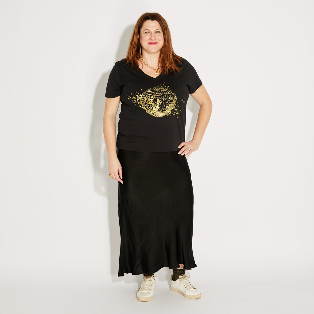 Disco Down V Neck Tshirt Black & Gold