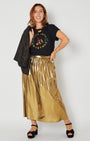 black heels christmas disco tshirt and gold skirt. Full christmas outfit
