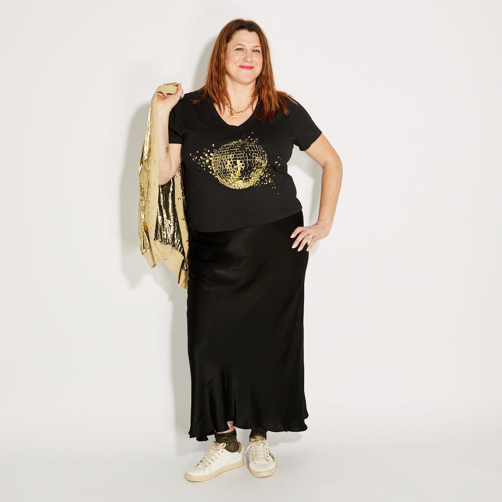 Disco Down V Neck Tshirt Black & Gold