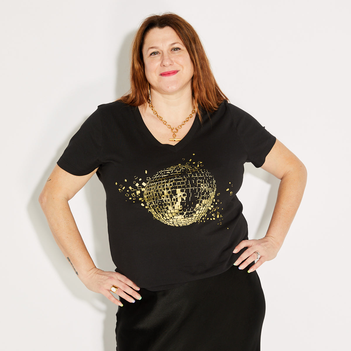 Disco Down V Neck Tshirt Black & Gold - Disko Kids