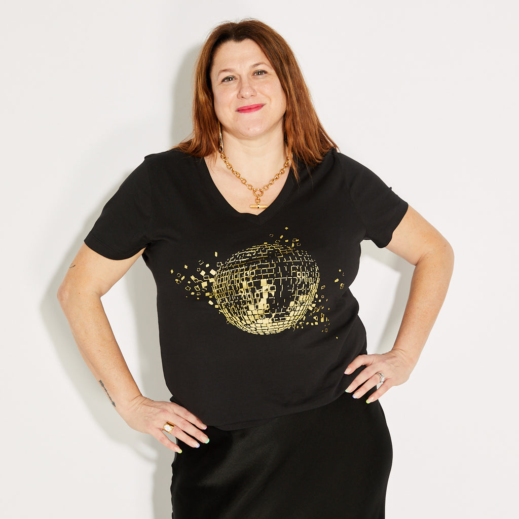 Disco Down V Neck Tshirt Black & Gold