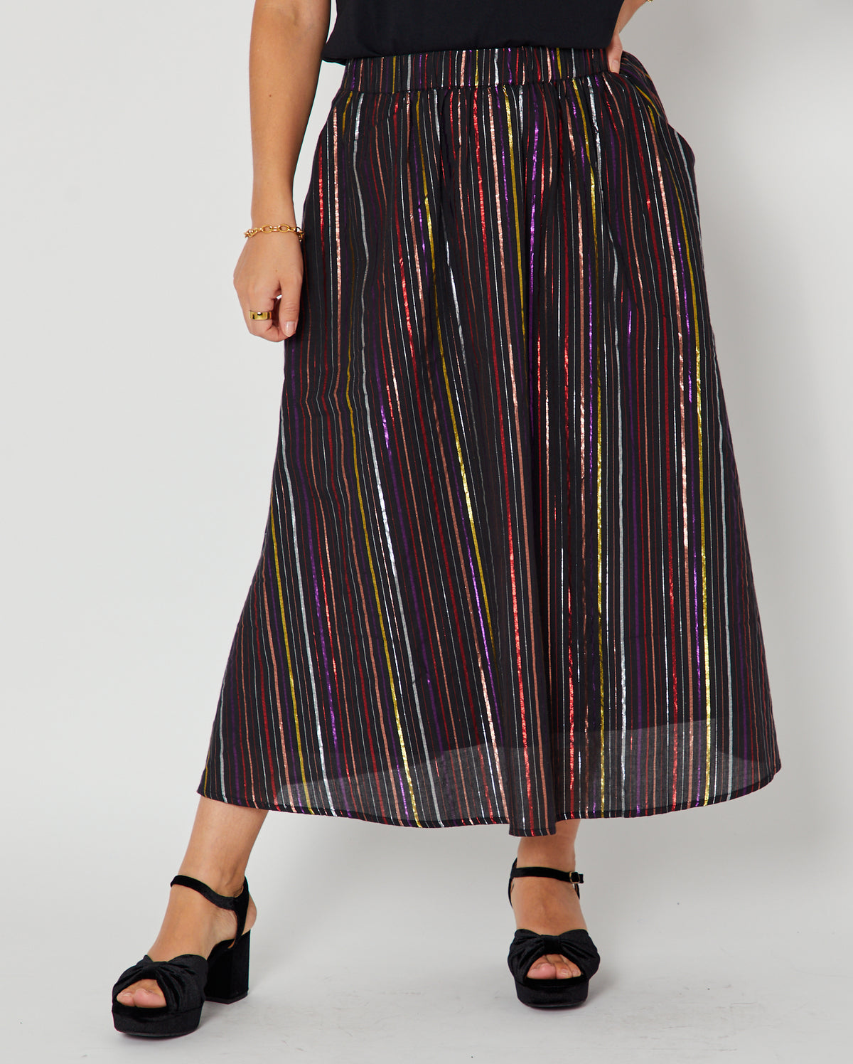 a line black skirt with rainbow metallic stripe 