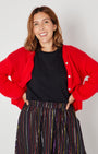rainbow stripe skirt with red cardigan