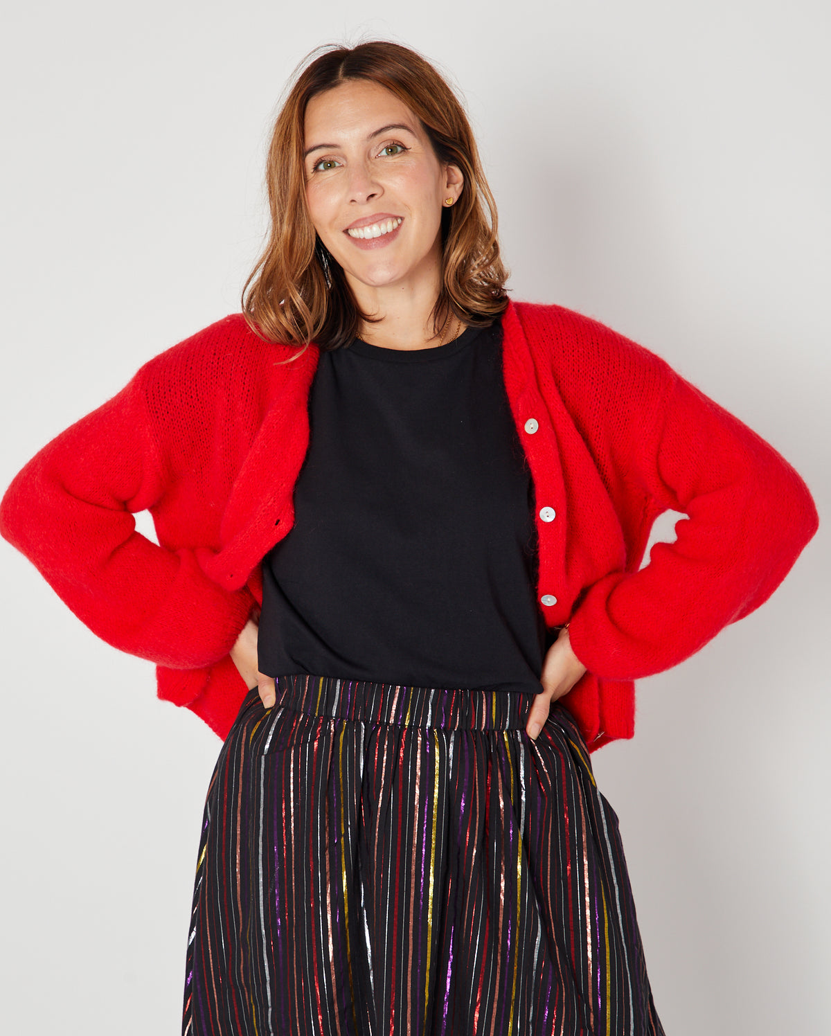 rainbow stripe skirt with red cardigan