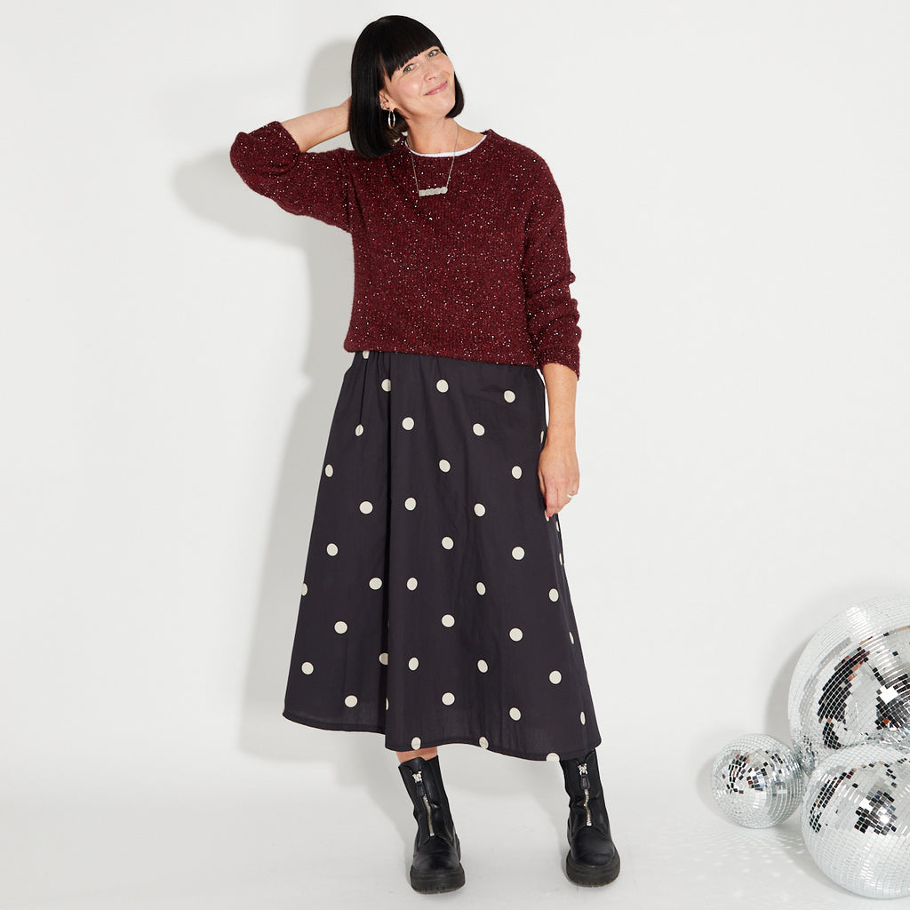 berry burgundy sparkly knit jumper and black ivory spot skirt