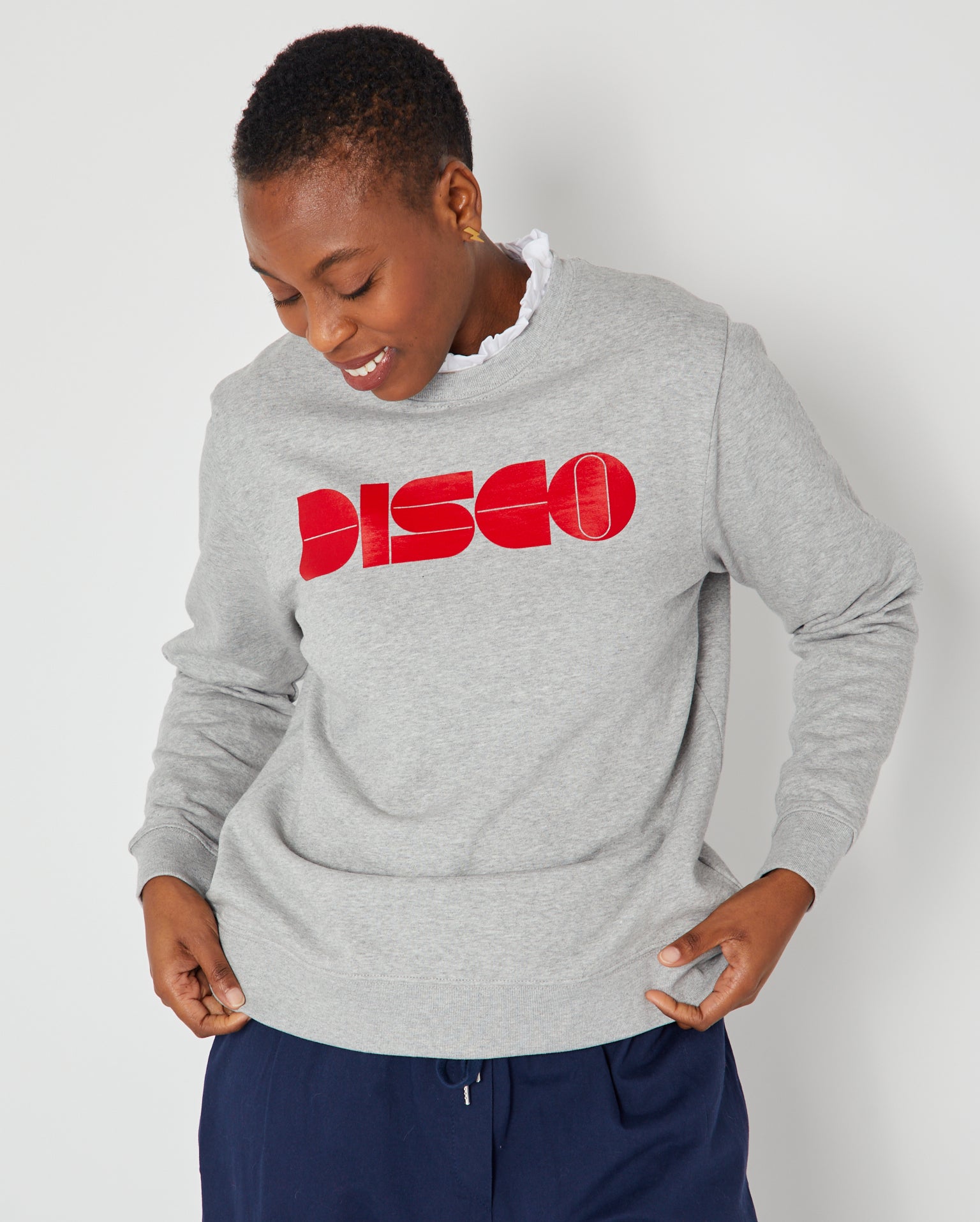 Bonnie Long Sleeve Ruffle Edge Top White styled under disko kids DISCO sweatshirt