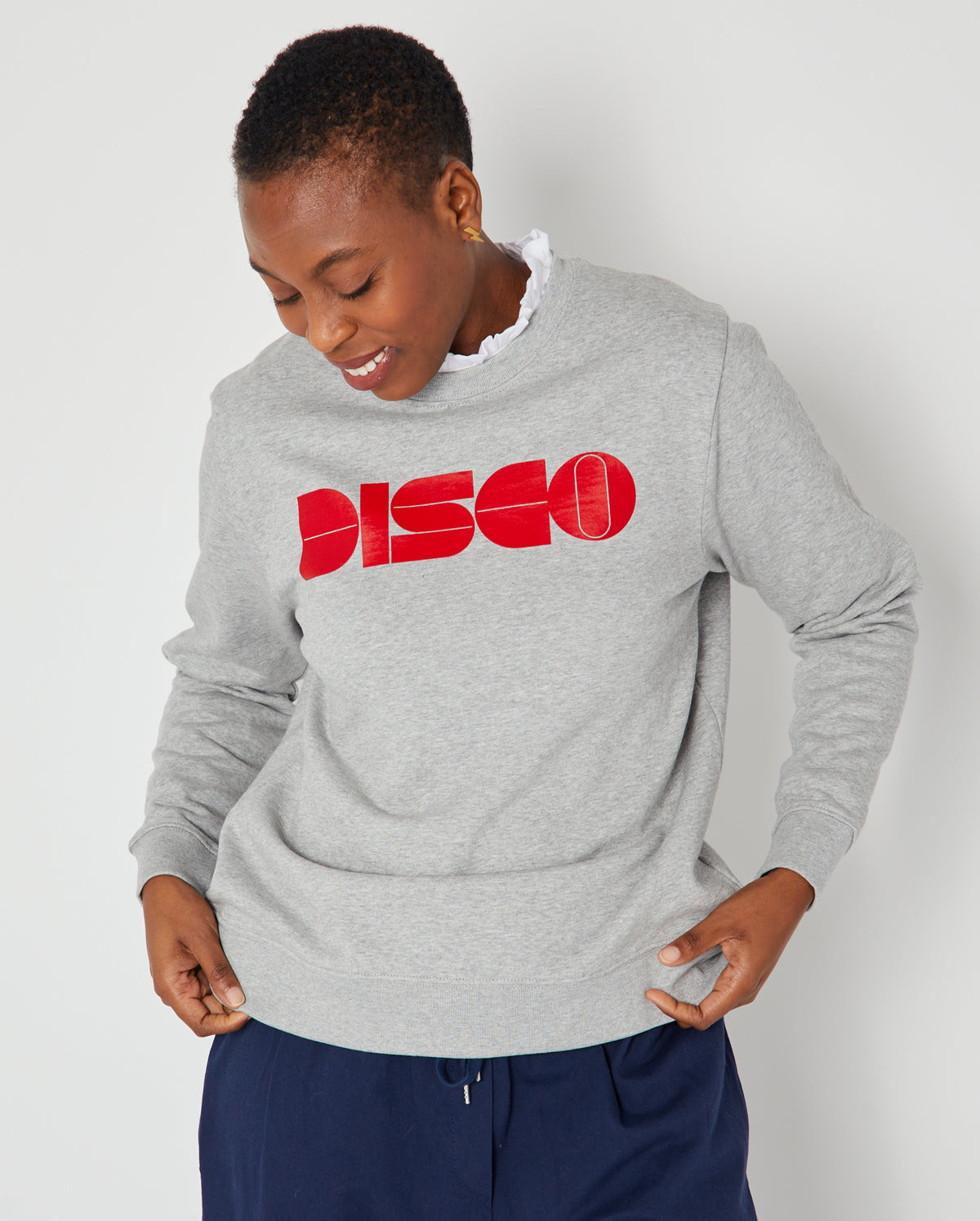 Bonnie Long Sleeve Ruffle Edge Top White styled under disko kids DISCO sweatshirt