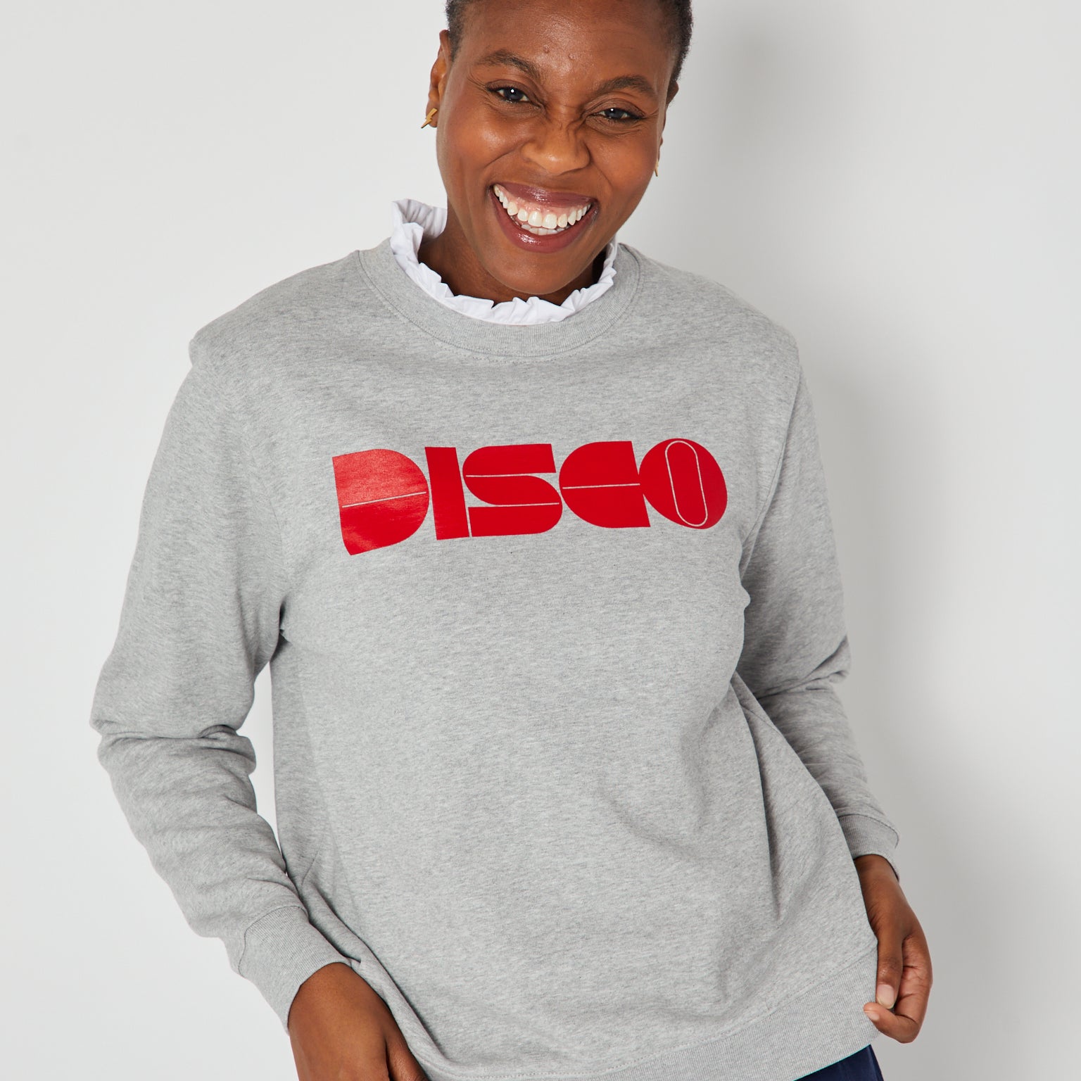 Bonnie Long Sleeve Ruffle Edge Top White styled under disko kids DISCO sweatshirt