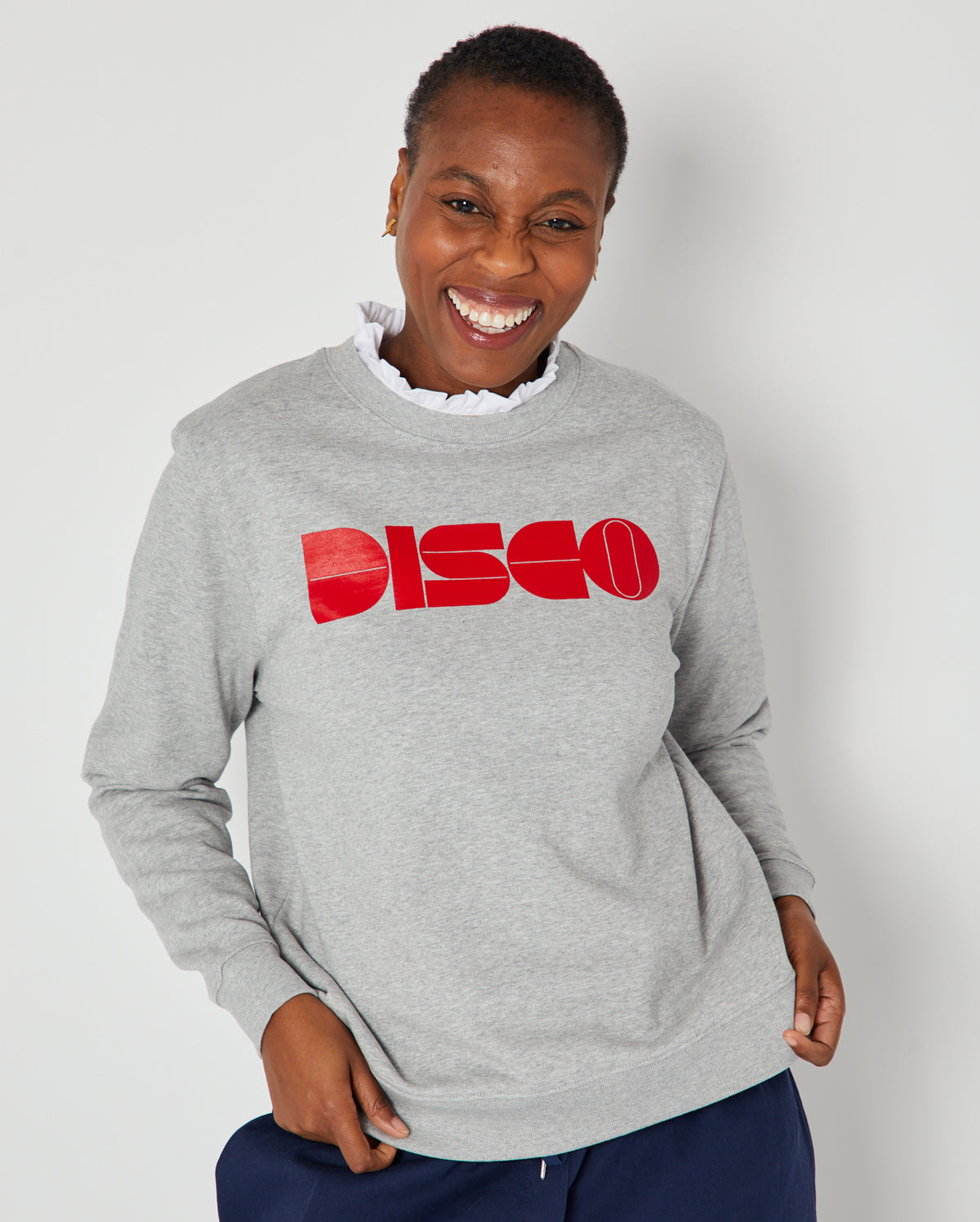 Bonnie Long Sleeve Ruffle Edge Top White styled under disko kids DISCO sweatshirt