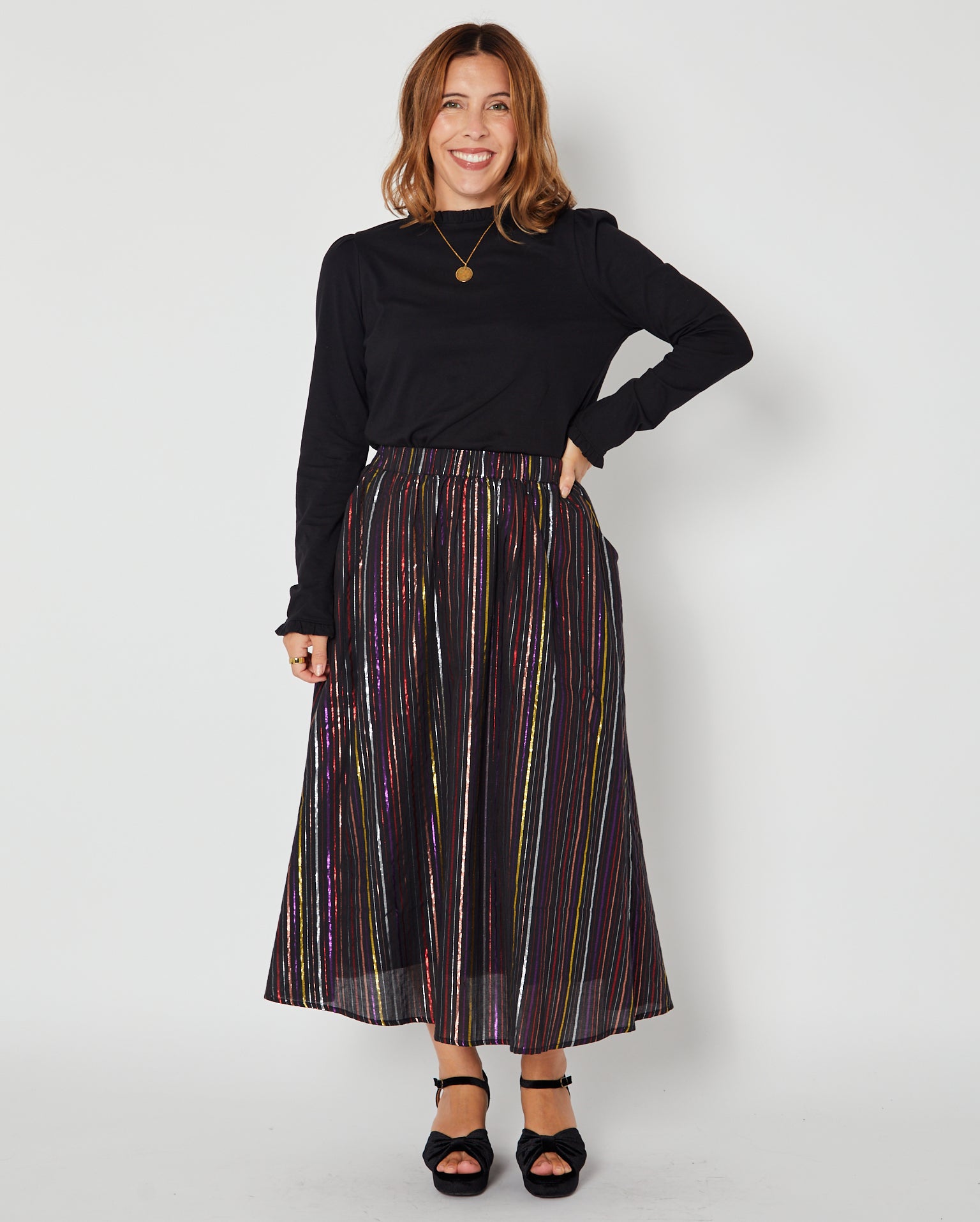 multi coloured rainbow stripe skirt - party wear skirt with Disko Kids ruffle bonnie top
