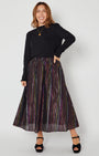 Bonnie Long Sleeve Ruffle Edge Top Black styled with metallic rainbow skirt for party season and christmas