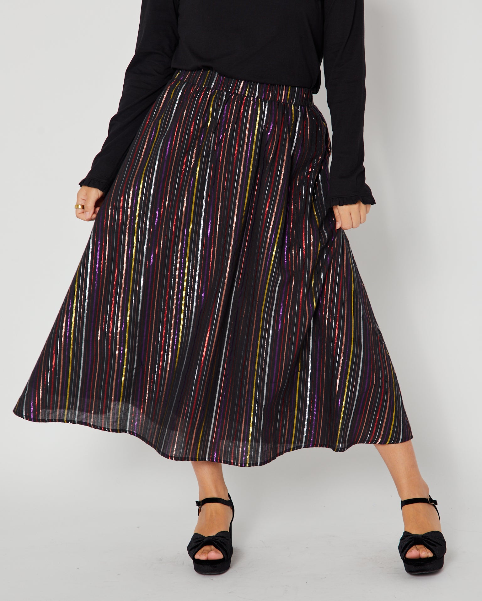 multi coloured rainbow stripe skirt - party wear skirt with Disko Kids ruffle bonnie top