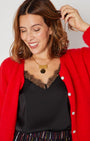 Disco Ball Pendant Gold with red cardi layered with another disko kids pendant