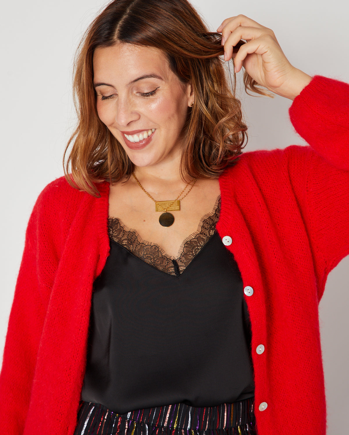 Disco Ball Pendant Gold with red cardi layered with another disko kids pendant
