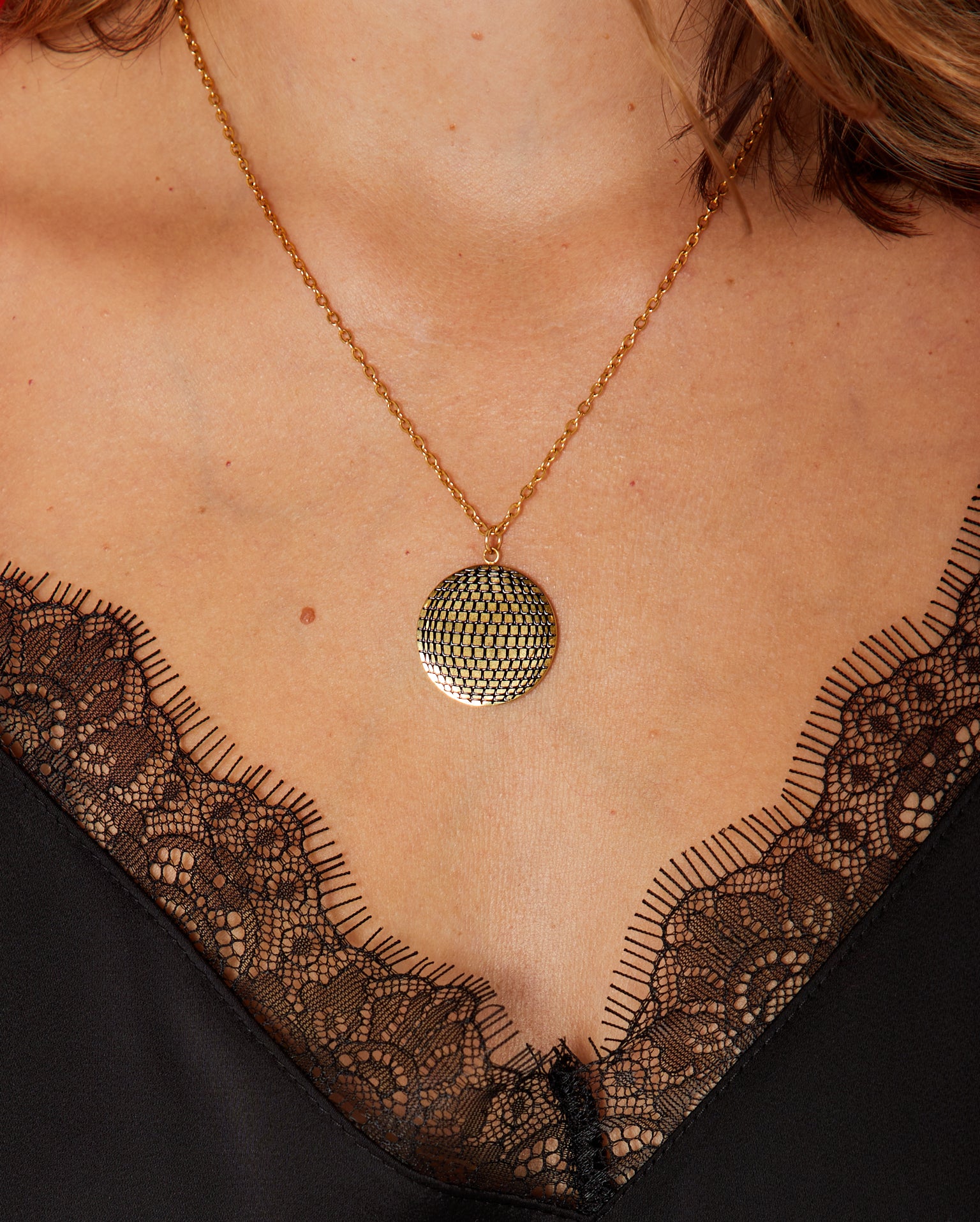Disco Ball Pendant Gold dressed up fpor party season