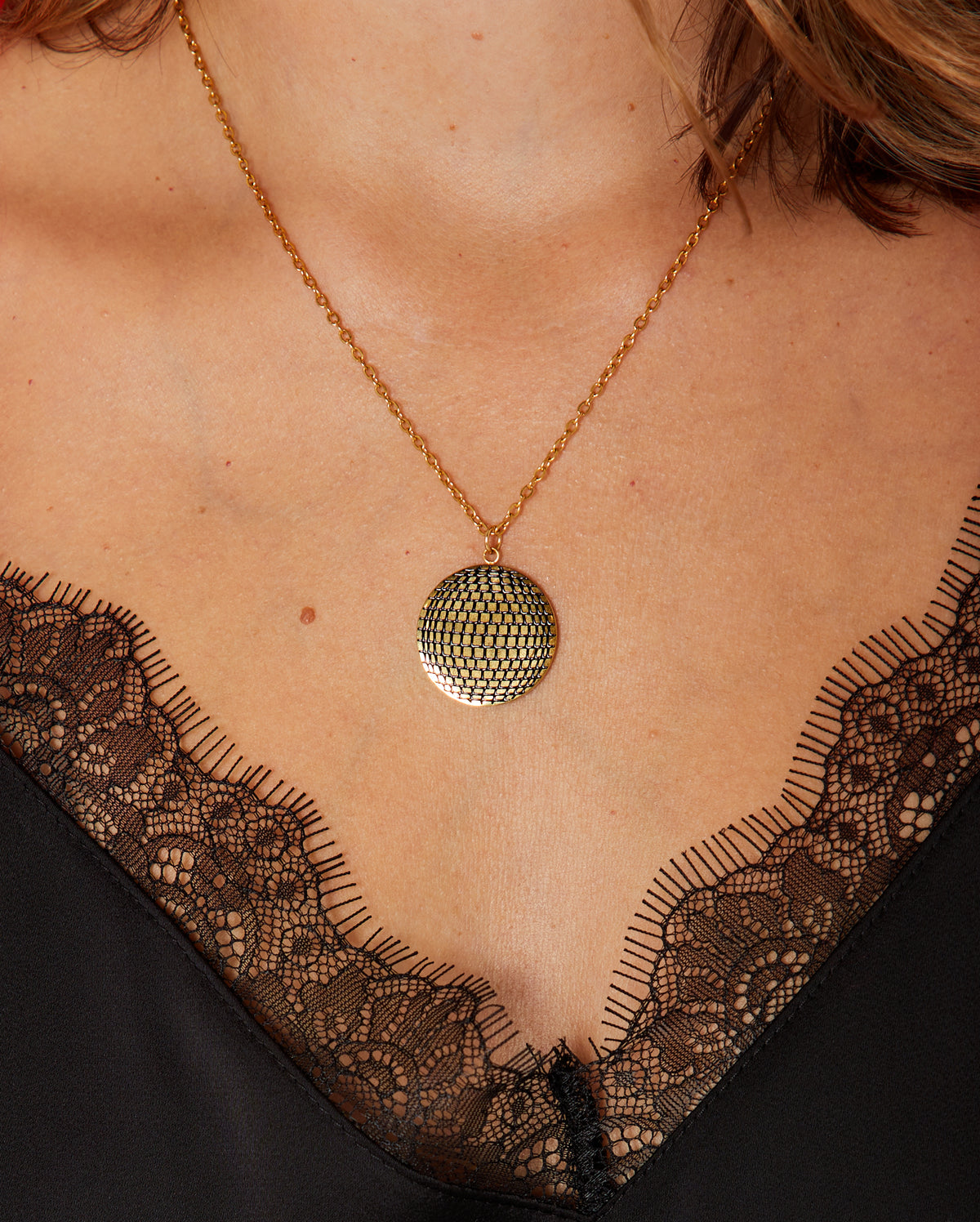 Disco Ball Pendant Gold dressed up fpor party season