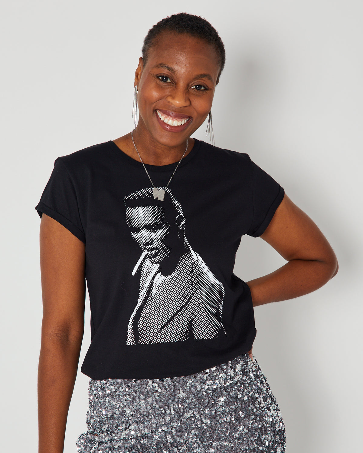 Pull Up To The Disco Candi Tshirt Black grace jones inspired with sequin skirt for party season
