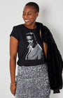 Pull Up To The Disco Candi Tshirt Black grace jones inspired graphic tshirt styled for party season with disko kids sequin skirt and silver jewellery