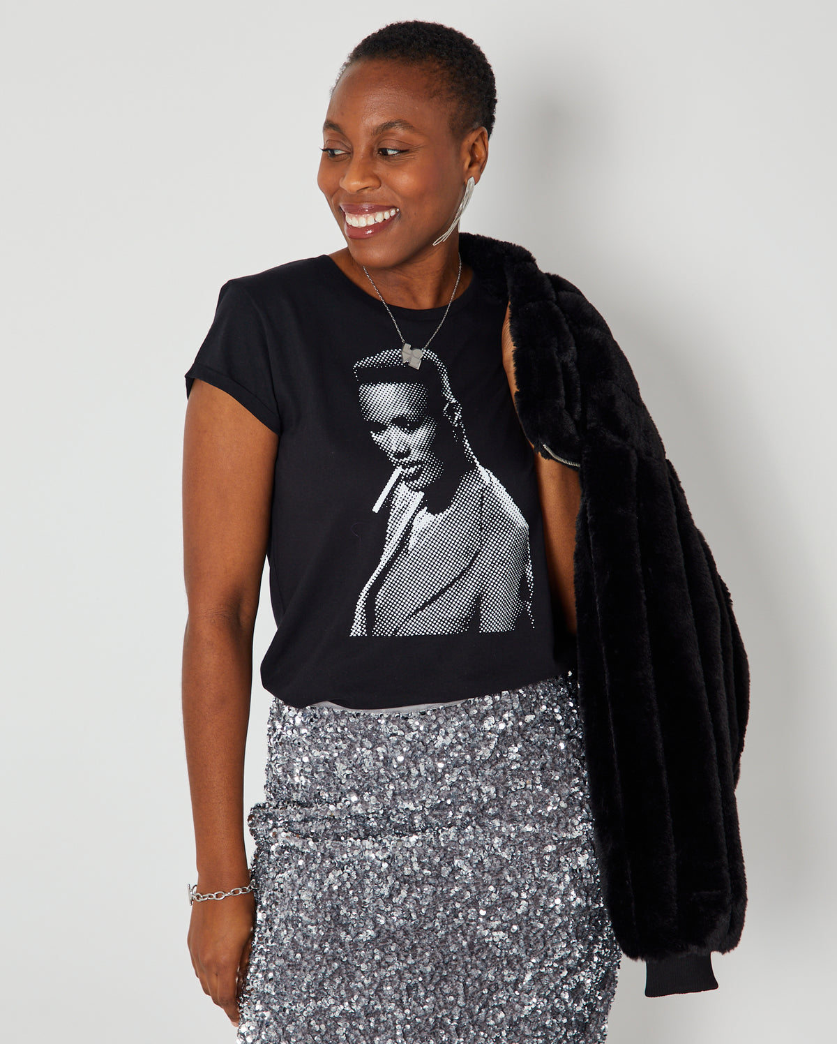 Pull Up To The Disco Candi Tshirt Black grace jones inspired graphic tshirt styled for party season with disko kids sequin skirt and silver jewellery