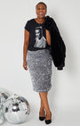 Pull Up To The Disco Candi Tshirt Black grace jones inspired graphic tshirt full outfit with sequin skirt, heels and jewellery for party season