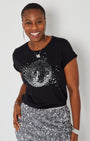 Womens black tshirt with silver discoball design - Disko Kids styed with Disko Kids sequin skirt and LOVE pendant for party season and christmas