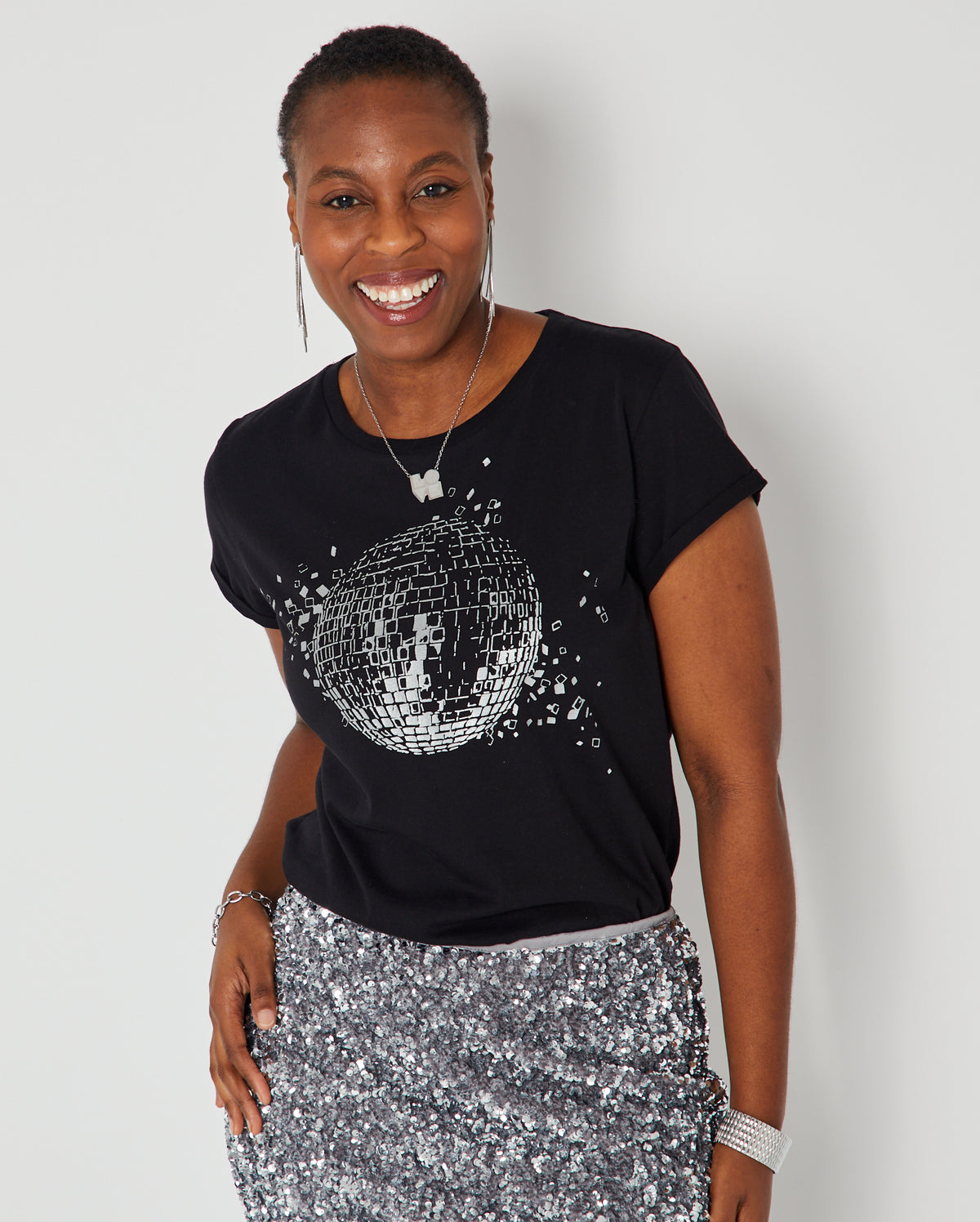 Womens black tshirt with silver discoball design - Disko Kids styed with Disko Kids sequin skirt and LOVE pendant for party season and christmas