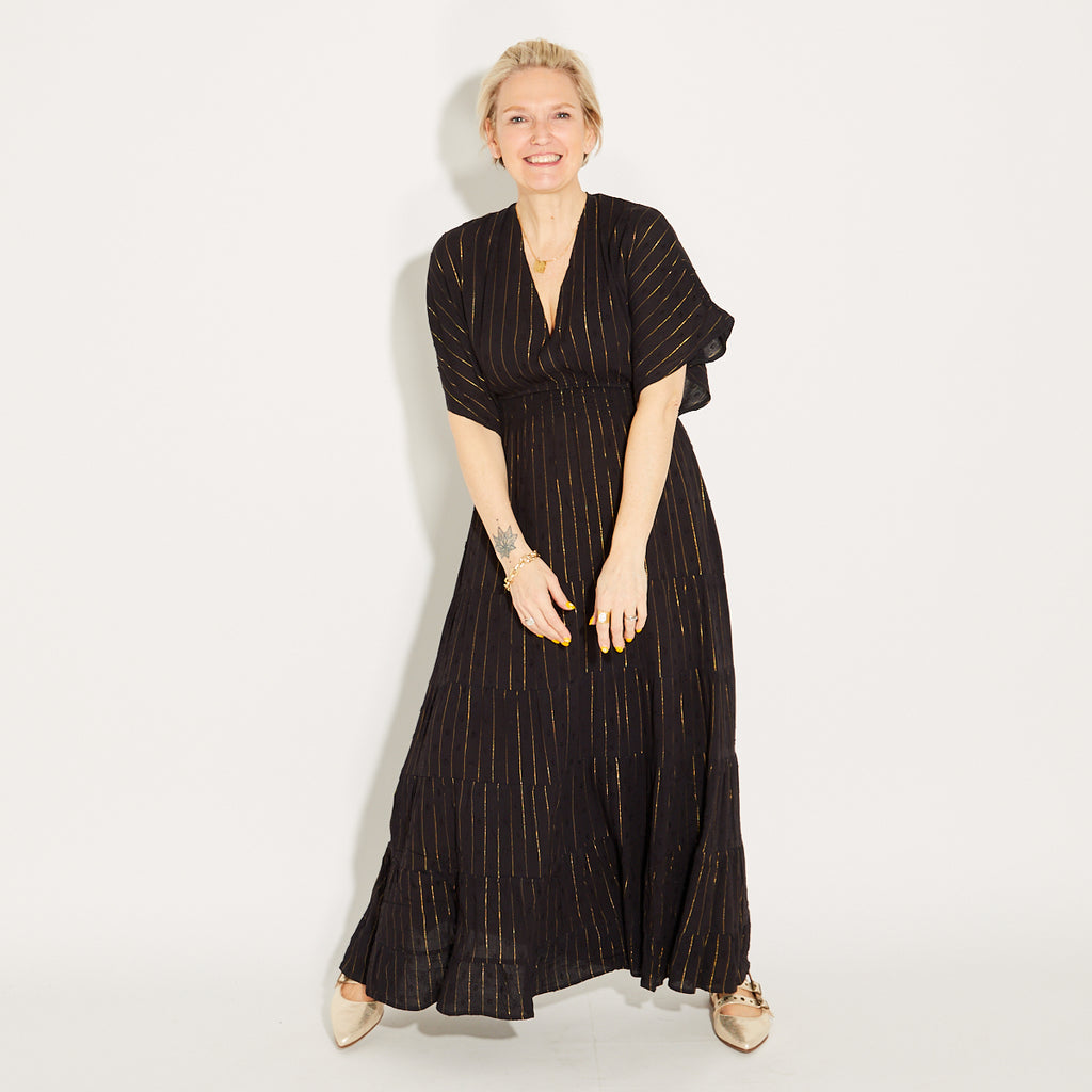 Black & Gold Metallic Stripe Kaftan Dress