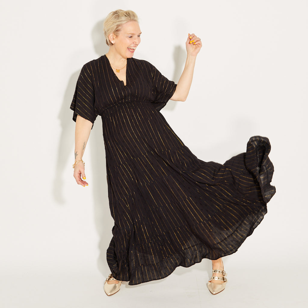 Black & Gold Metallic Stripe Kaftan Dress