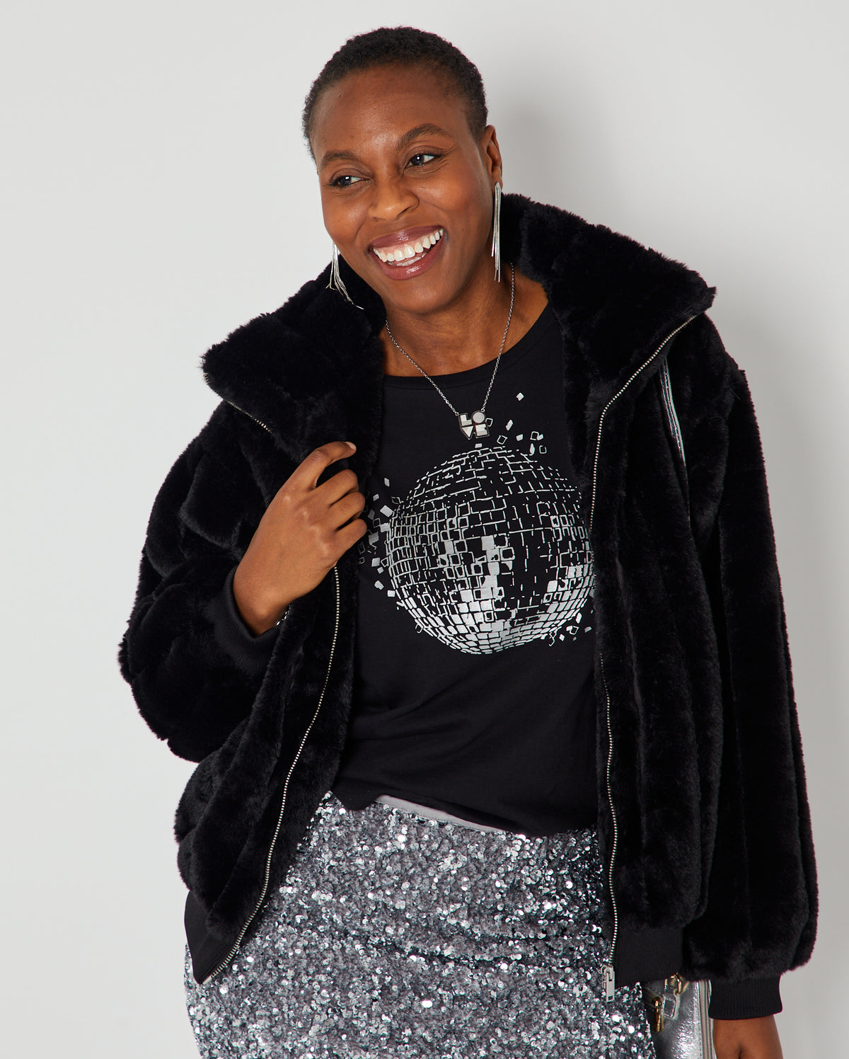 Womens black tshirt with silver discoball design - Disko Kids styed with Disko Kids sequin skirt
