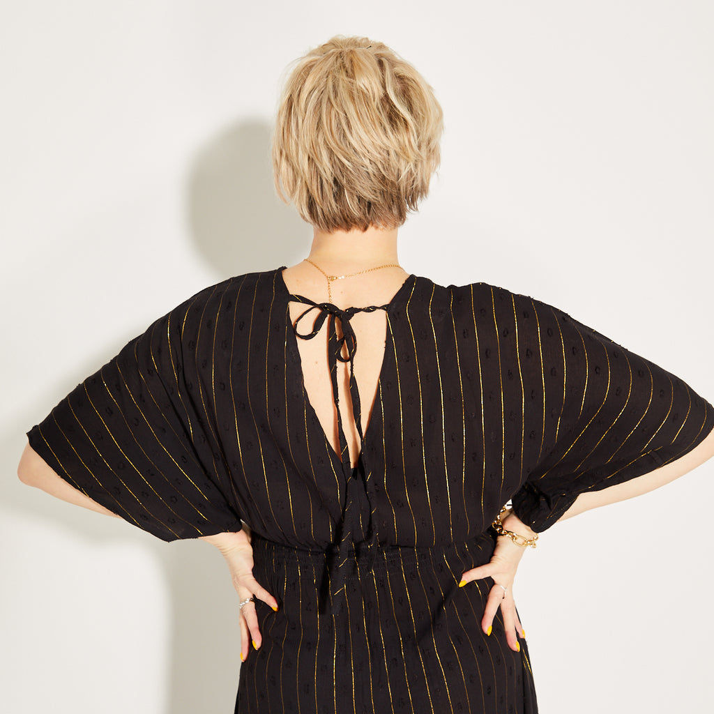 Black & Gold Metallic Stripe Kaftan Dress