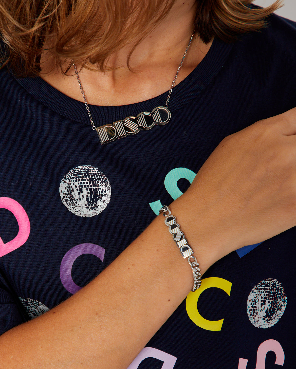 Disco silver  Necklace Pendant Large Disko Kids with matching DISCO bracelet