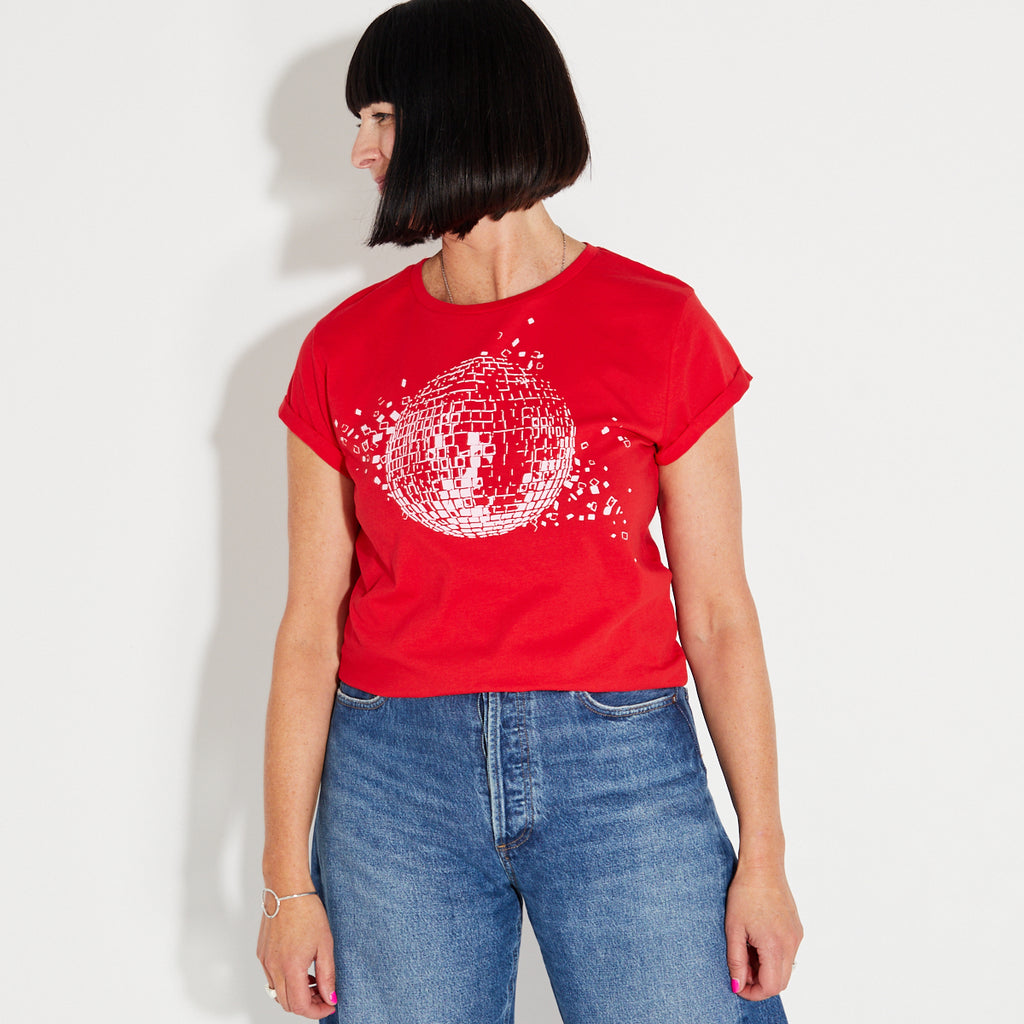 Red & Pale Pink Mirrorball Tshirt Disko Kids 