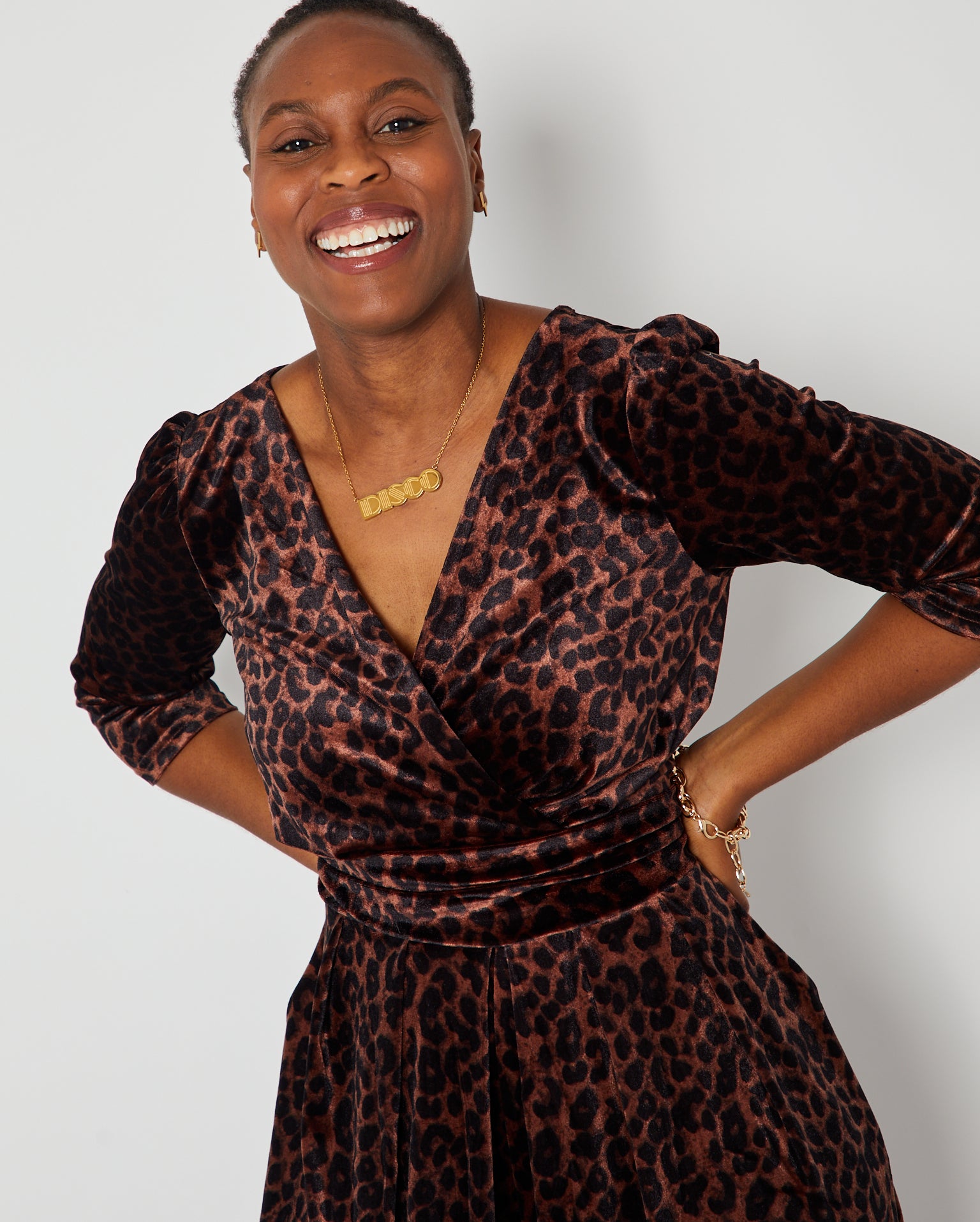 Leopard Print Velvet Jumpsuit top half showing waist and neckline and DISCO pendant ingold