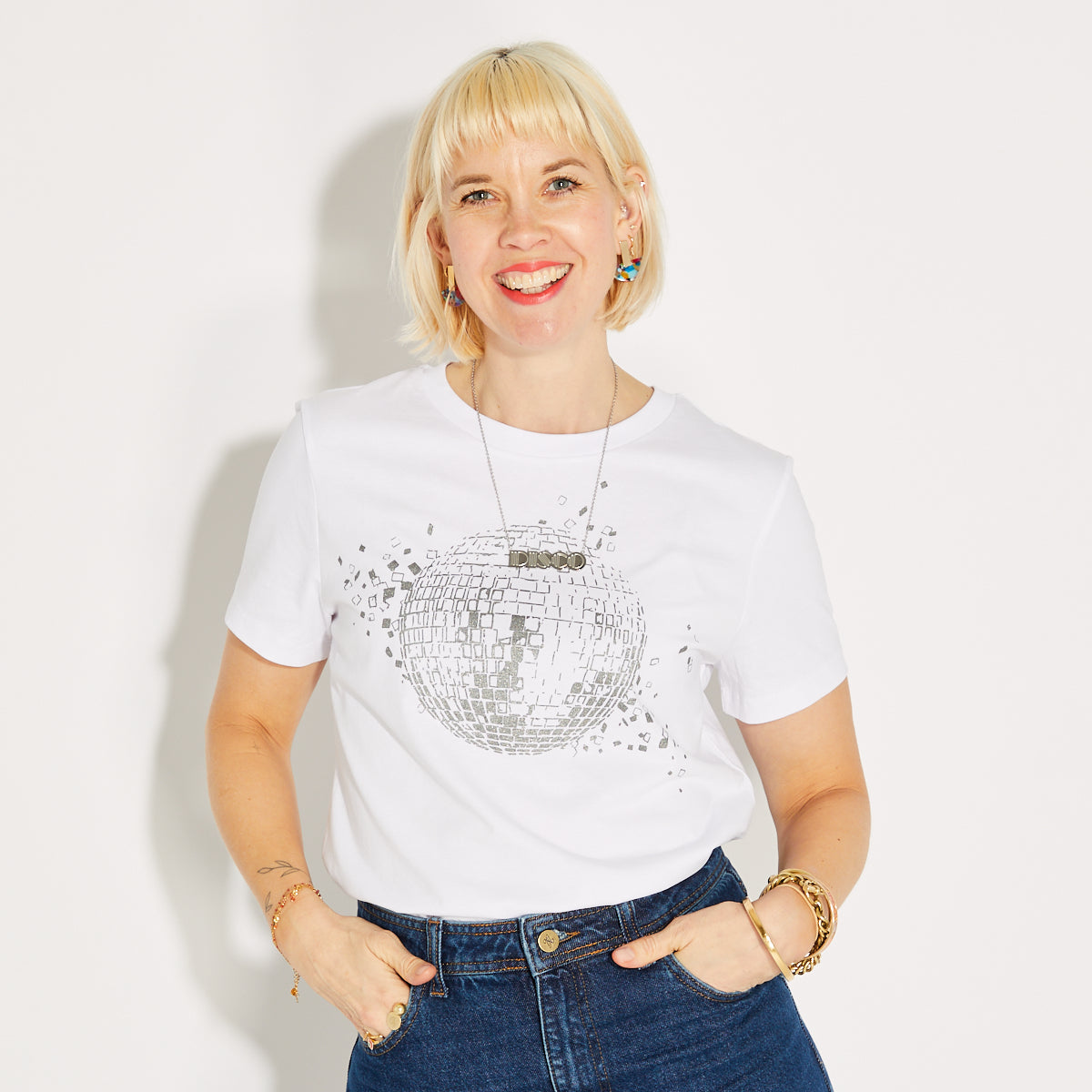 Disco Down White Tshirt Shattered Disco Ball Design - Disko Kids 