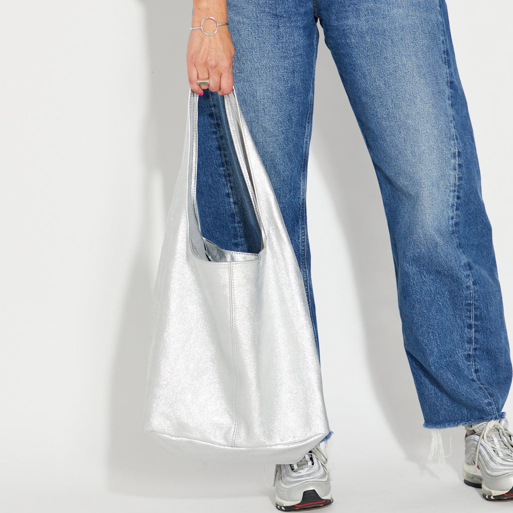 silver leather slouchy shoulder bag