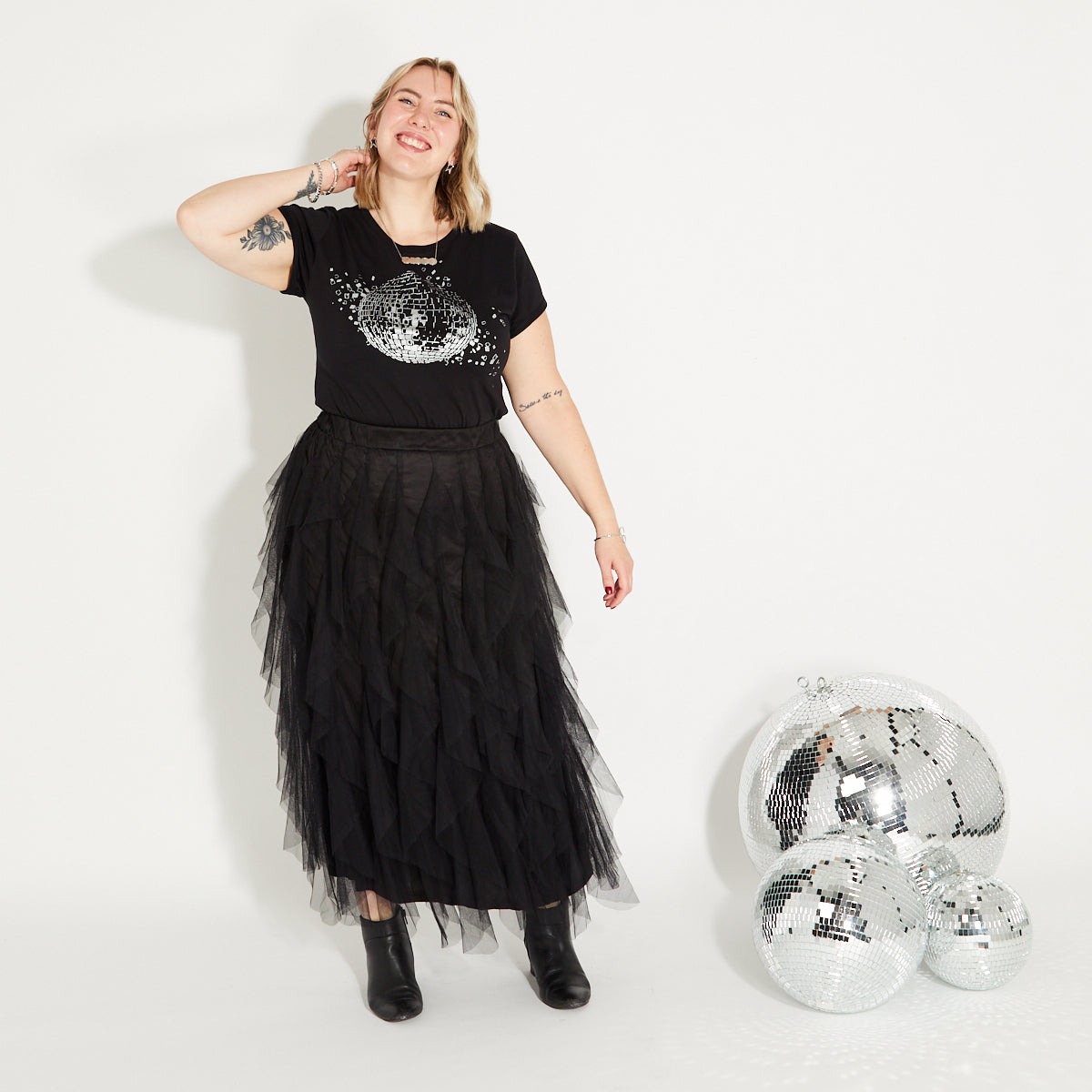 Womens black tshirt with silver discoball design - Disko Kids