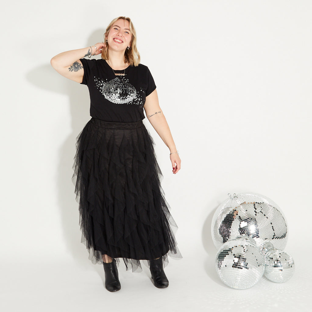 Womens black tshirt with silver discoball design - Disko Kids