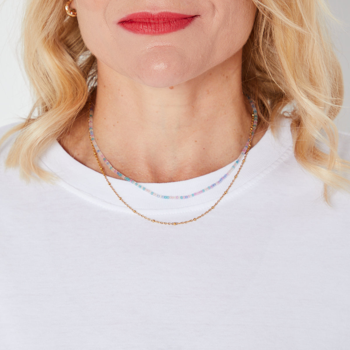 beaded double neckalce with gold and and blue beads