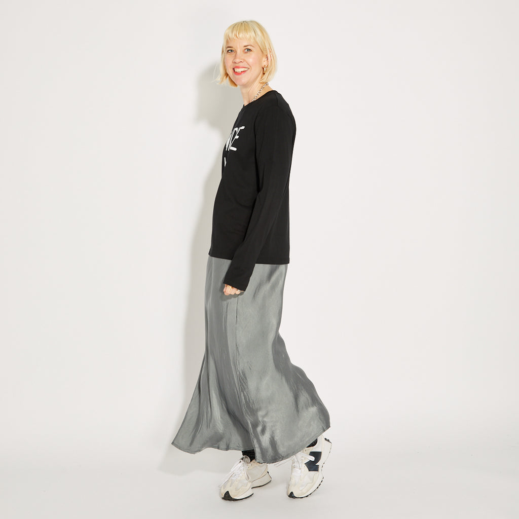Pewter Satin Midi Skirt