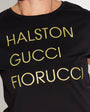 Womens black t-shirt with 'HALSTON GUCCI FIORUCCIO' gold text - Disko Kids