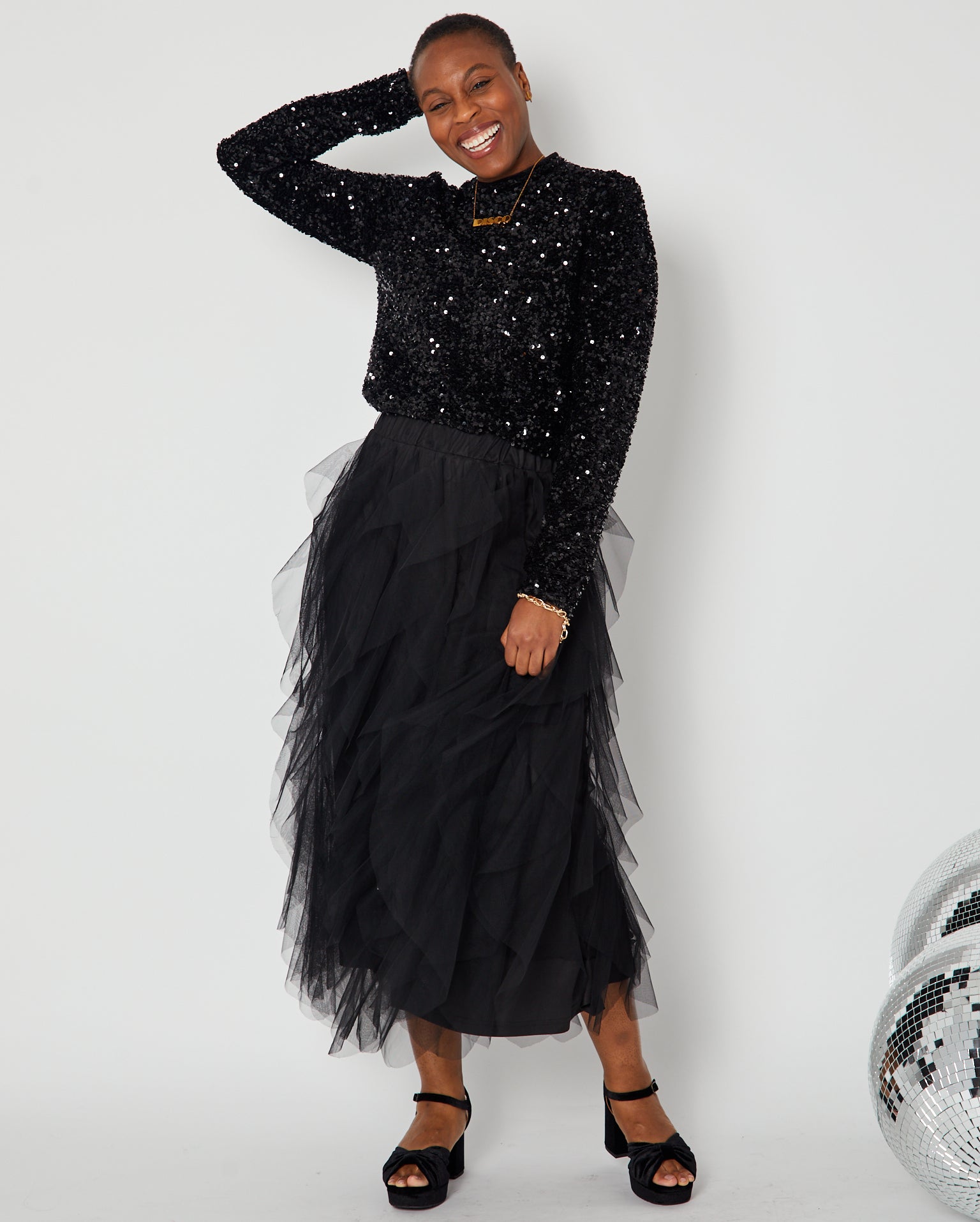 Black Sequin Long Sleeve Top full look with tulle skirt