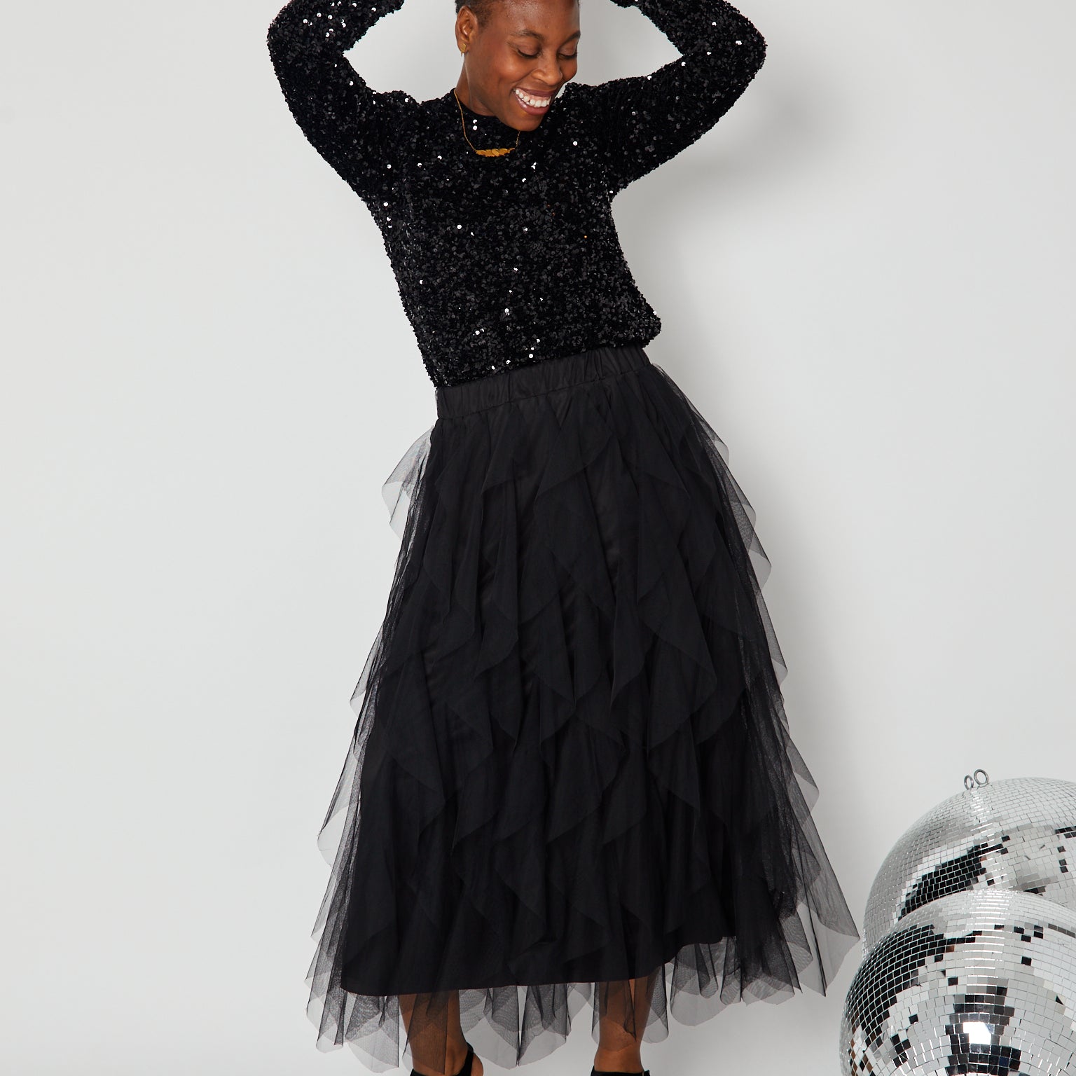 Black Layered Frill Tulle Skirt shown with black sequin top disko kids dancing party christmas