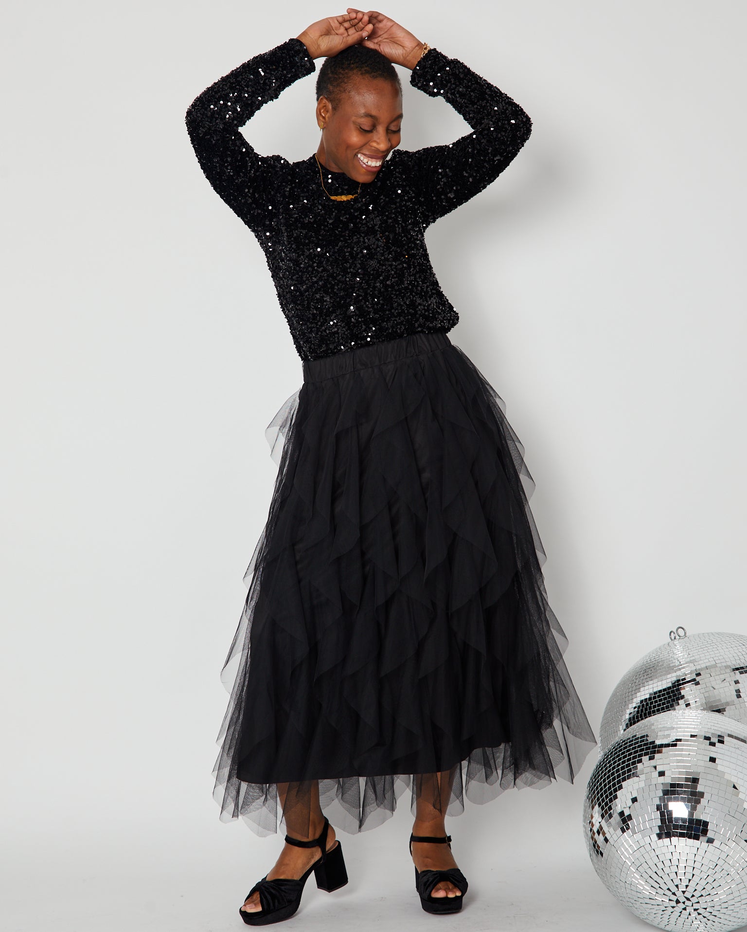 Black Layered Frill Tulle Skirt shown with black sequin top disko kids dancing party christmas