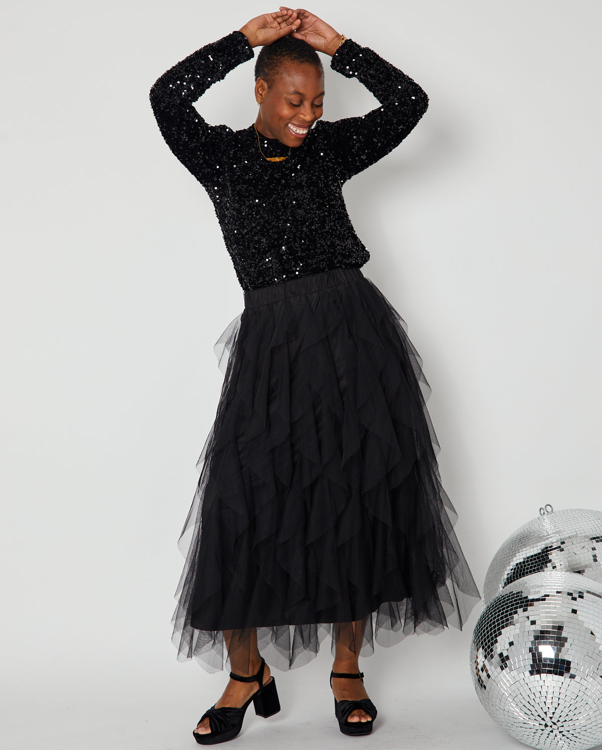 Black Layered Frill Tulle Skirt shown with black sequin top disko kids dancing party christmas